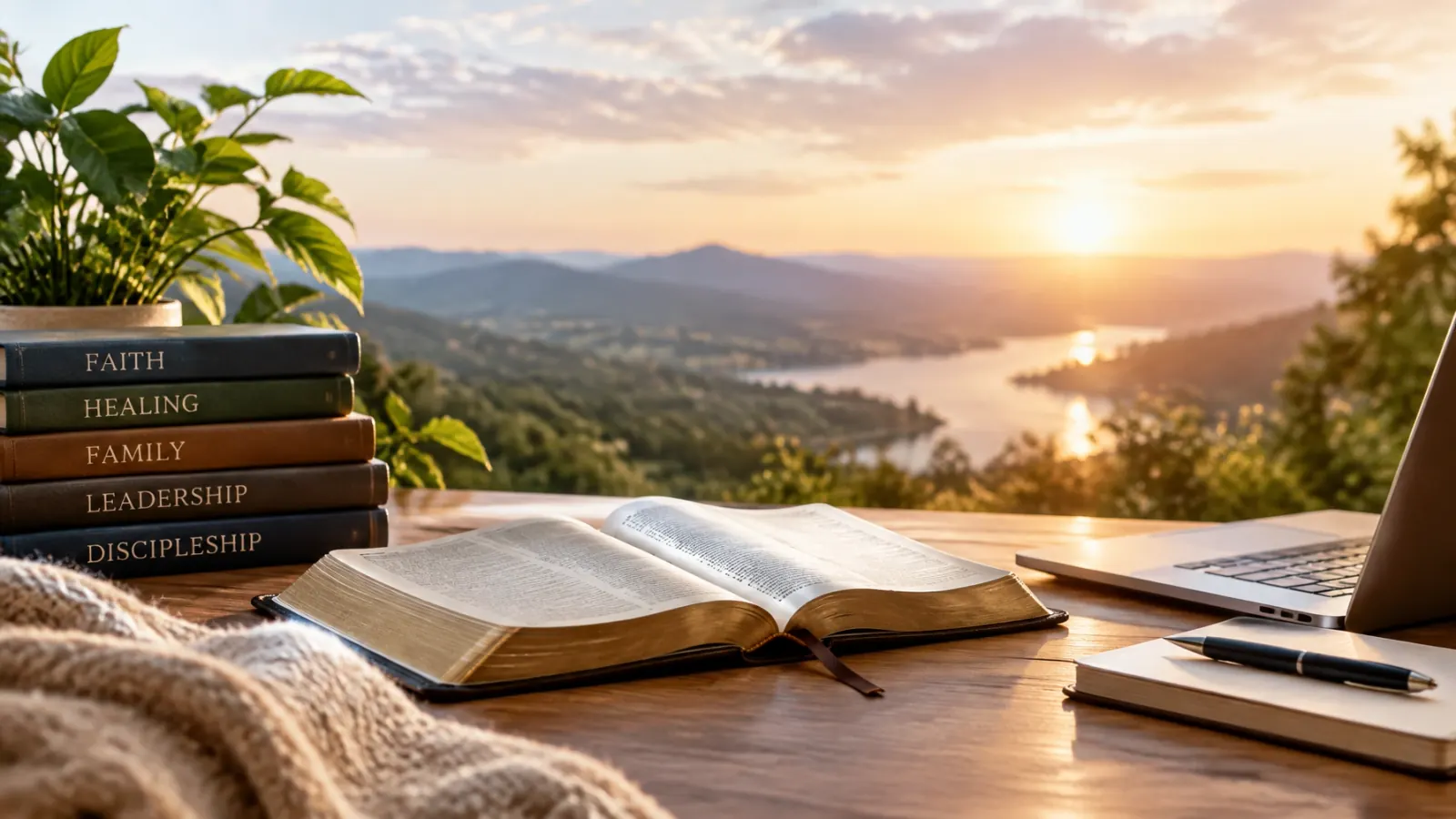 An open Bible and journals overlooking a sunlit mountain valley